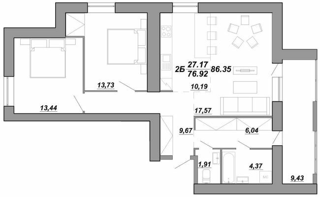 2-кімнатна 86.35 м² в ЖК Рідний Дім від 14 500 грн/м², Тернопіль