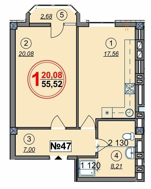 1-кімнатна 55.52 м² в ЖК Спутник від 21 400 грн/м², Херсон