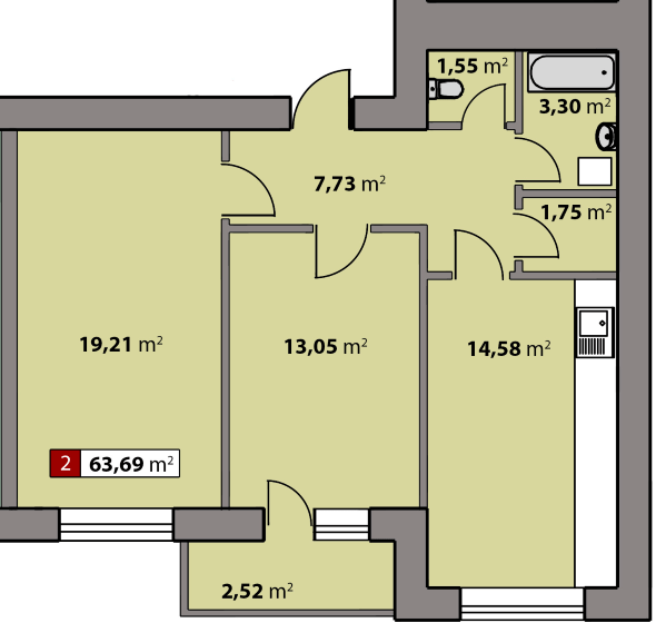 2-кімнатна 63.69 м² в ЖК Парковий квартал від 16 300 грн/м², Черкаси