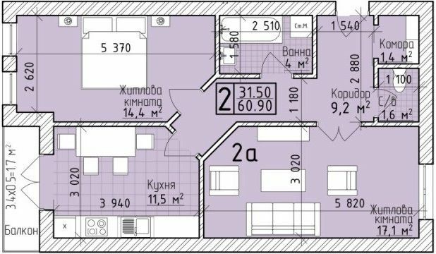 2-комнатная 60.9 м² в ЖК VIVA-CHERNIVTSI от застройщика, Черновцы