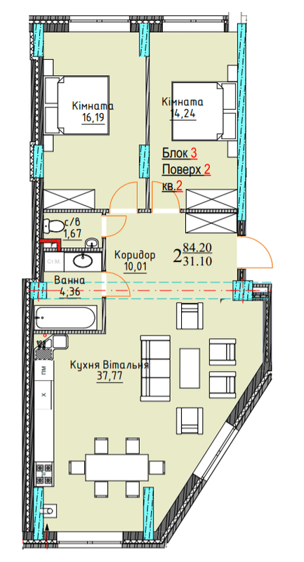 2-кімнатна 84.2 м² в ЖК Водограй від 25 950 грн/м², Чернівці