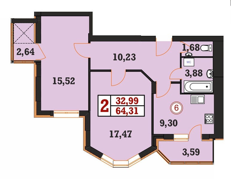 2-кімнатна 64.31 м² в ЖК Гетьманський від 18 200 грн/м², Хмельницький