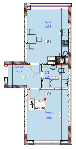 1-кімнатна 43.26 м² в ЖК Піонерський квартал 2 від 25 300 грн/м², смт Чабани