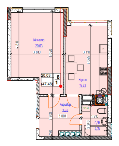 1-кімнатна 47.48 м² в ЖК Піонерський квартал 2 від 25 300 грн/м², смт Чабани