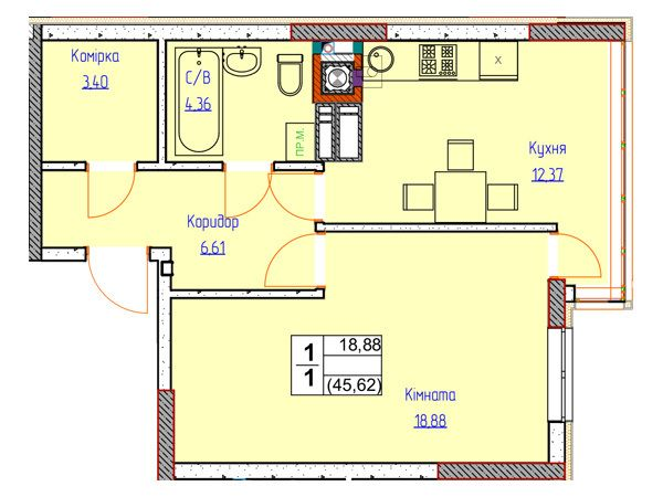 1-кімнатна 45.62 м² в ЖК Піонерський квартал 2 від 25 300 грн/м², смт Чабани