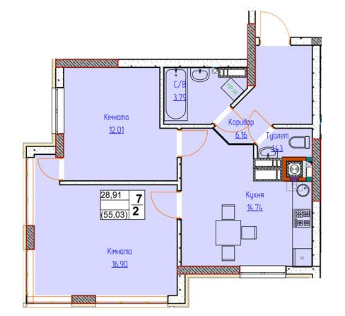 2-кімнатна 55.03 м² в ЖК Піонерський квартал 2 від 22 100 грн/м², смт Чабани