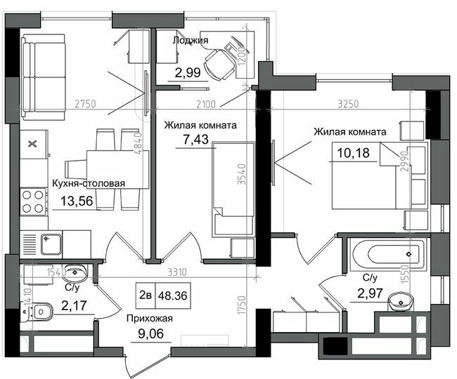 2-кімнатна 48.36 м² в ЖМ ARTVILLE від 22 350 грн/м², смт Авангард