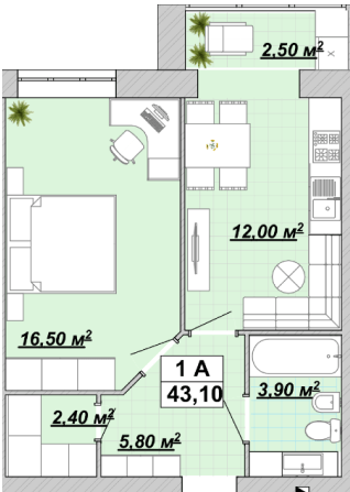 1-кімнатна 43.1 м² в ЖР Княгинин від 13 500 грн/м², Івано-Франківськ