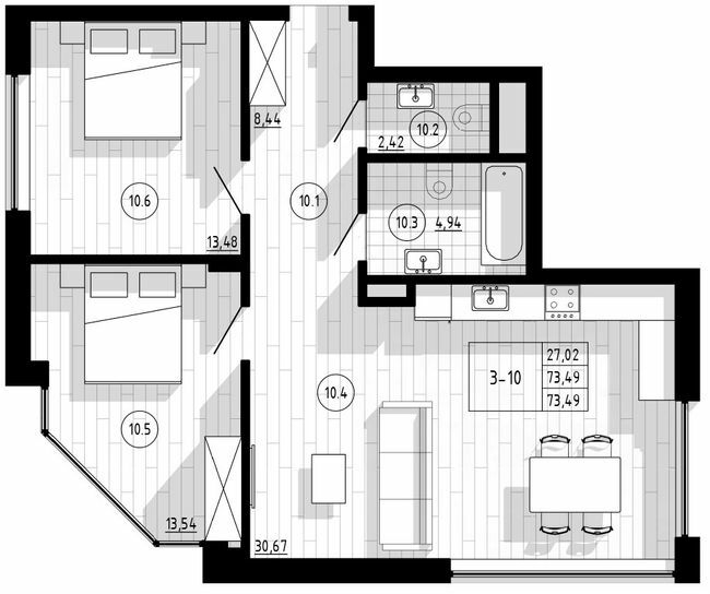 2-комнатная 73.49 м² в Апарт-комплекс COMPASS CENTER от 66 400 грн/м², Киев