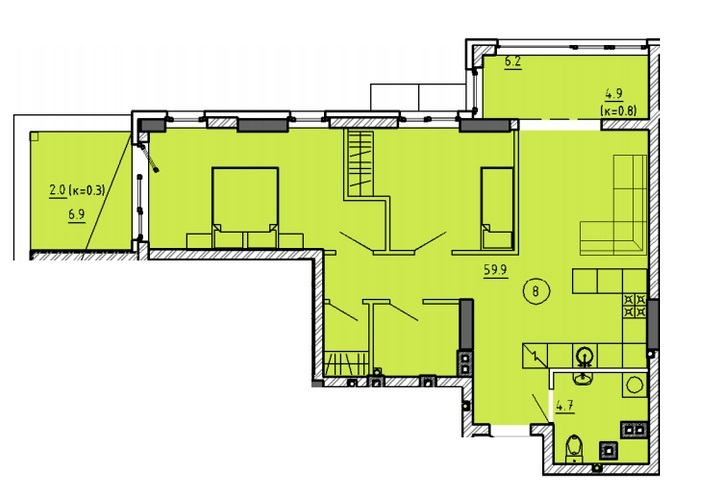 2-комнатная 71.5 м² в ЖК Городок от 22 350 грн/м², Днепр