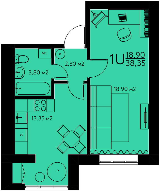 1-комнатная 38.35 м² в ЖК Молодежный городок от 22 000 грн/м², с. Крюковщина