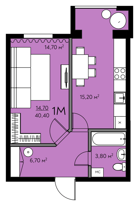 1-комнатная 40.4 м² в ЖК Молодежный городок от 22 000 грн/м², с. Крюковщина