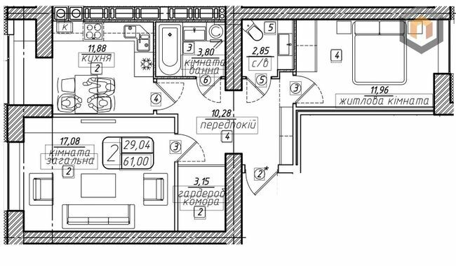 2-кімнатна 61 м² в ЖК Західний від 21 000 грн/м², Вінниця