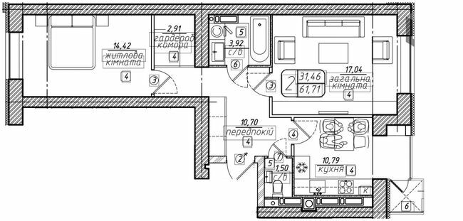 2-комнатная 61.71 м² в ЖК Западный от 21 000 грн/м², Винница