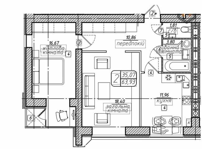 2-комнатная 63.93 м² в ЖК Западный от 21 000 грн/м², Винница