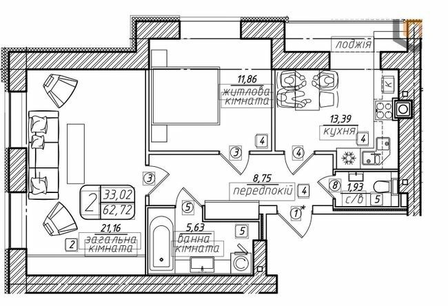 2-кімнатна 62.72 м² в ЖК Західний від 21 000 грн/м², Вінниця