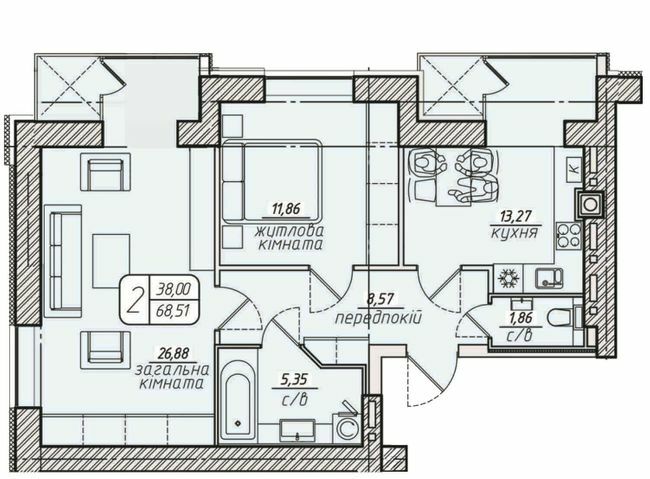 2-кімнатна 68.51 м² в ЖК Західний від 18 500 грн/м², Вінниця