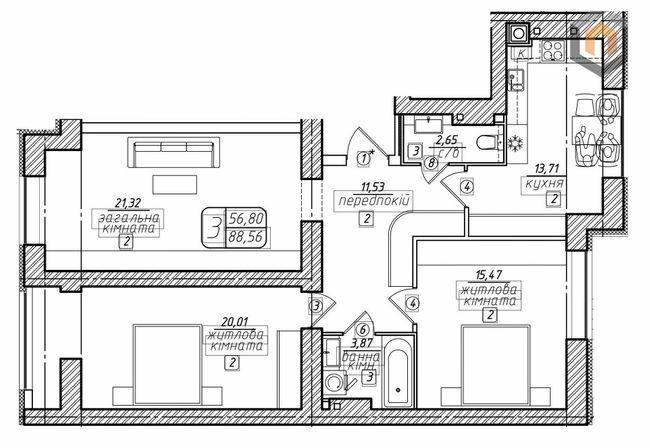 3-кімнатна 88.68 м² в ЖК Західний від 16 500 грн/м², Вінниця