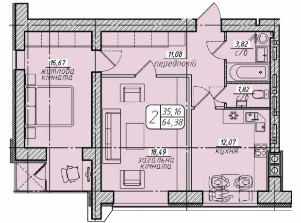 2-комнатная 64.38 м² в ЖК Западный от 21 000 грн/м², Винница