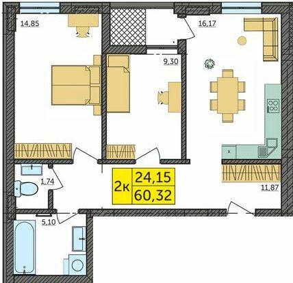 2-кімнатна 60.32 м² в ЖК Амстердам від 18 500 грн/м², с. Струмівка