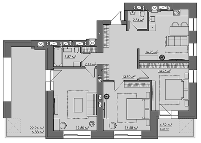 3-комнатная 98.43 м² в ЖК CENTRAL CITY Apartments от 24 400 грн/м², Ровно