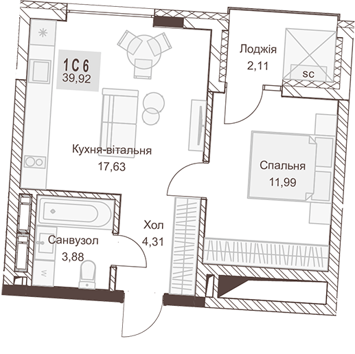 1-кімнатна 39.92 м² в ЖК Pokrovsky Apart Complex від 31 550 грн/м², Рівне