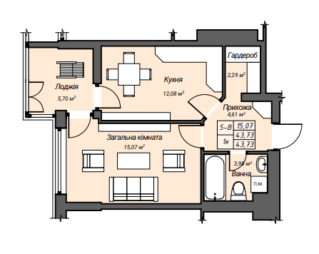 1-комнатная 43.73 м² в ЖК Sky Hall от 25 850 грн/м², Ровно