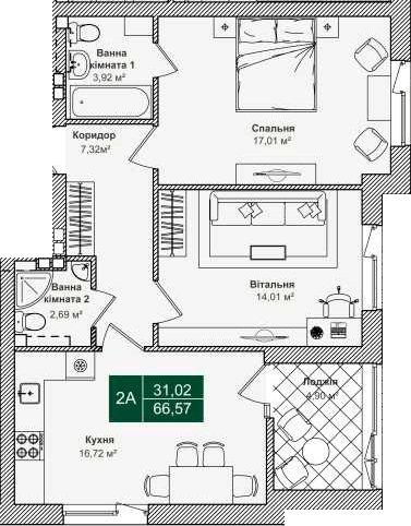 2-комнатная 66.57 м² в ЖК Forest Park от 28 000 грн/м², Киев