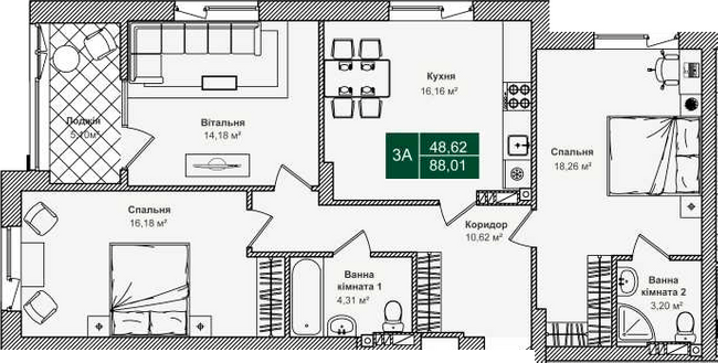 3-комнатная 88.01 м² в ЖК Forest Park от 27 000 грн/м², Киев