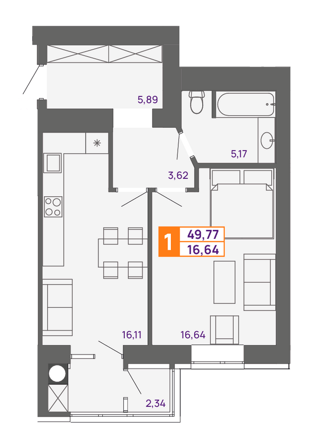 1-комнатная 49.77 м² в ЖК Молодежный от 15 600 грн/м², Хмельницкий
