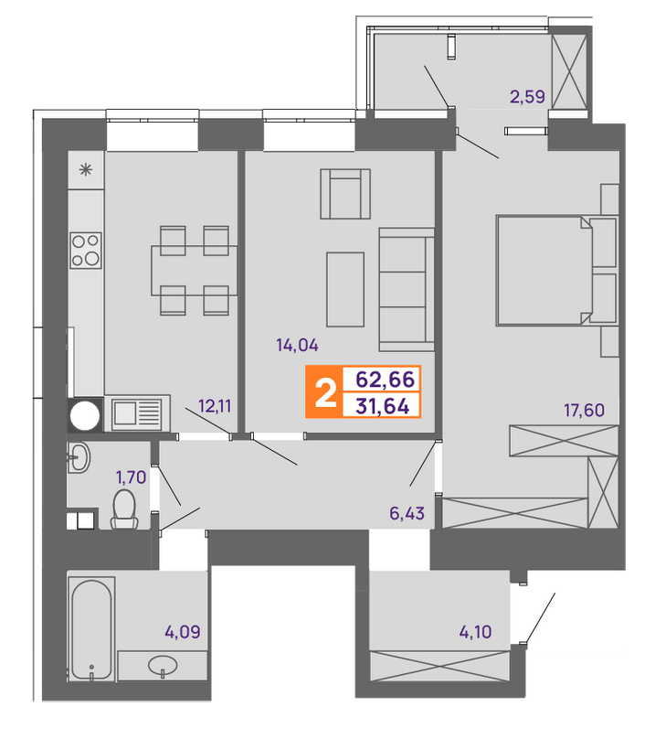 2-кімнатна 62.66 м² в ЖК Молодіжний від 15 000 грн/м², Хмельницький