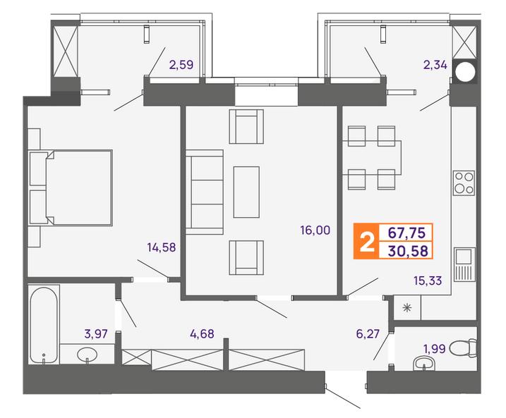 2-комнатная 67.75 м² в ЖК Молодежный от 15 000 грн/м², Хмельницкий