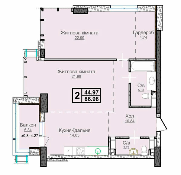 2-комнатная 86.98 м² в ЖК Новопечерские Липки от 73 670 грн/м², Киев