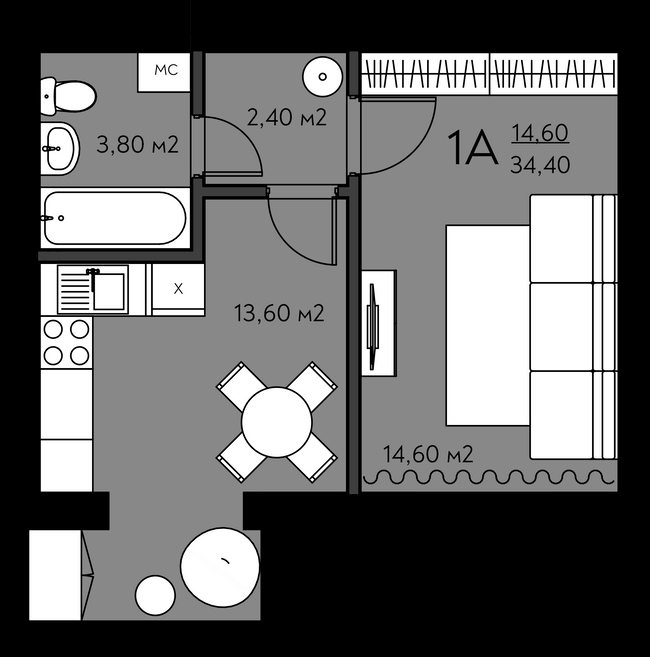 1-комнатная 34.4 м² в ЖК Молодежный городок от 24 000 грн/м², с. Крюковщина