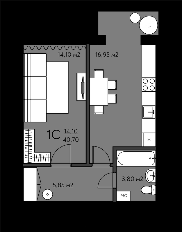 1-кімнатна 40.7 м² в ЖК Молодіжне містечко від 24 000 грн/м², с. Крюківщина