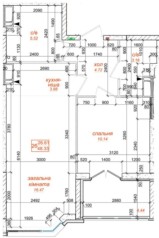 2-кімнатна 48.33 м² в ЖК Одеський бульвар від 26 000 грн/м², с. Новосілки