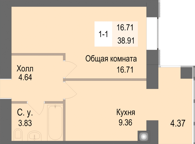 1-комнатная 38.91 м² в ЖК Софиевская сфера от 27 500 грн/м², с. Софиевская Борщаговка