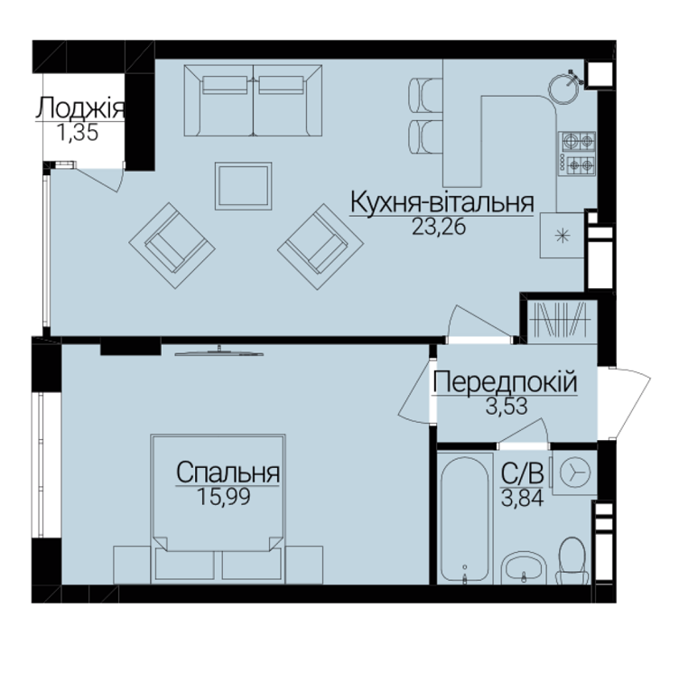 1-комнатная 47.3 м² в ЖК Гостомель Residence от 23 000 грн/м², пгт Гостомель