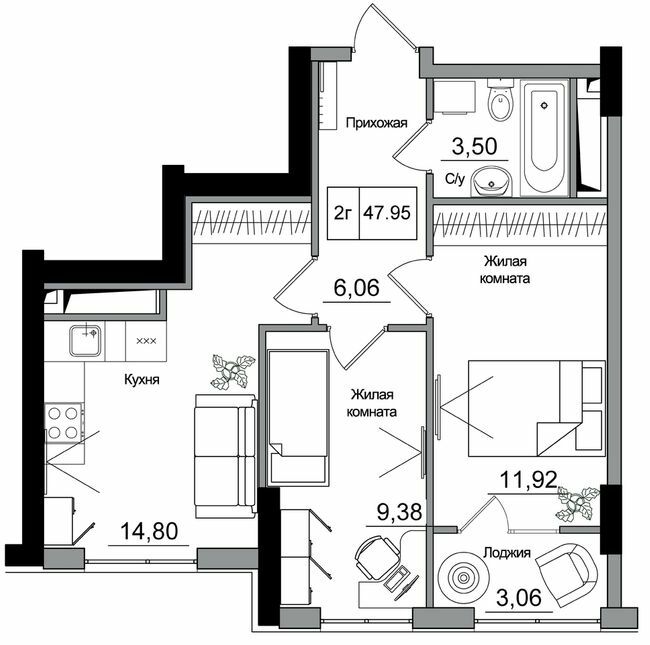 2-кімнатна 47.95 м² в ЖМ ARTVILLE від 22 200 грн/м², смт Авангард