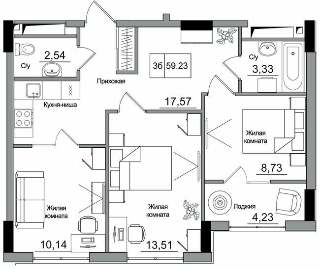 3-кімнатна 59.23 м² в ЖМ ARTVILLE від 22 200 грн/м², смт Авангард