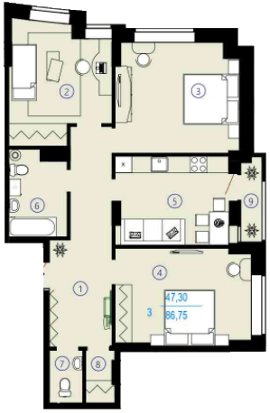 3-комнатная 86.75 м² в ЖК Меридиан от 16 250 грн/м², Харьков