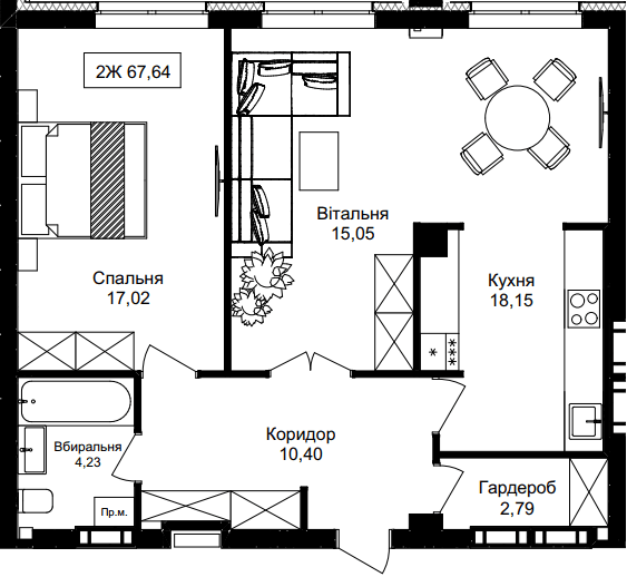 2-комнатная 67.64 м² в ЖК Premier Tower от 27 600 грн/м², Винница