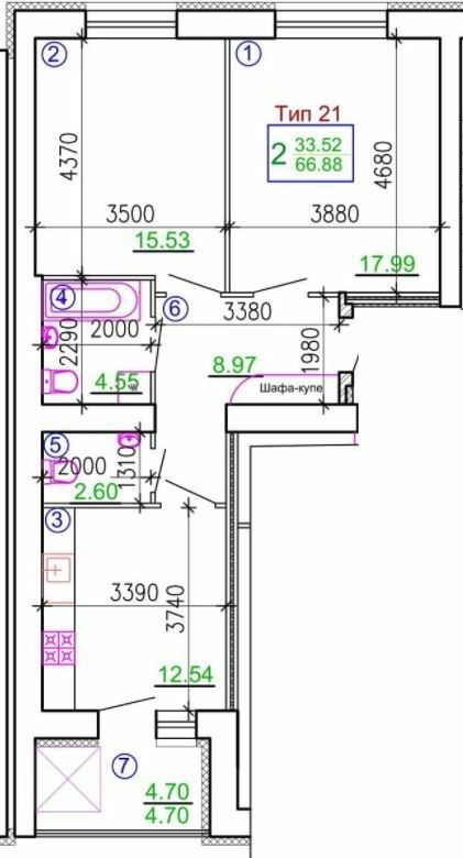 2-комнатная 66.88 м² в Мкрн Академический от 19 250 грн/м², Винница