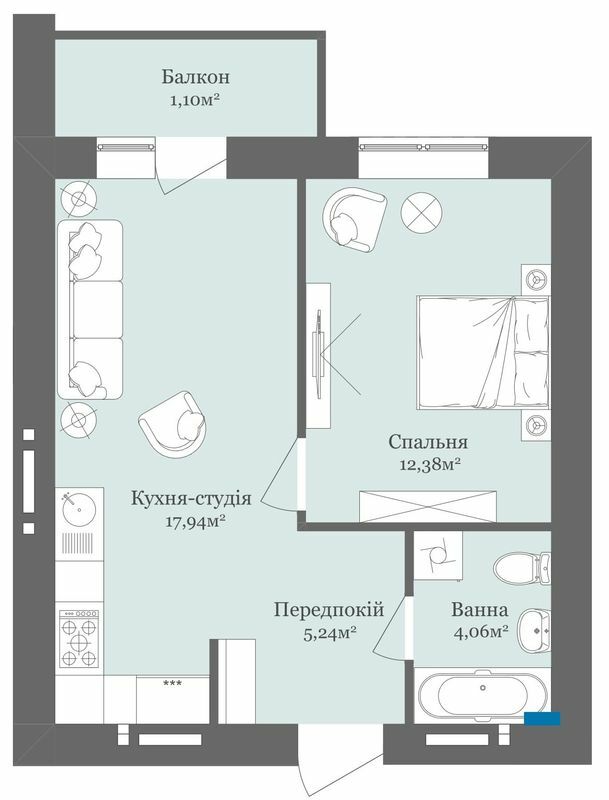 1-кімнатна 40.72 м² в ЖК West Towers від 18 800 грн/м², Ужгород