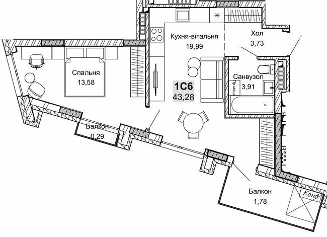 1-комнатная 43.28 м² в ЖК Pokrovsky Apart Complex от 31 550 грн/м², Ровно