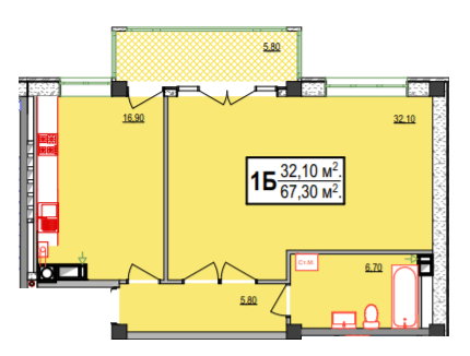 1-комнатная 67.3 м² в ЖК Украинский от 28 400 грн/м², Херсон