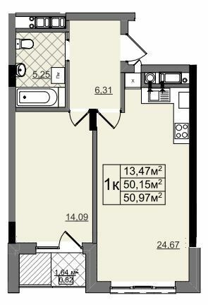 1-кімнатна 50.97 м² в ЖК на Перфецького-2 від 28 900 грн/м², Львів