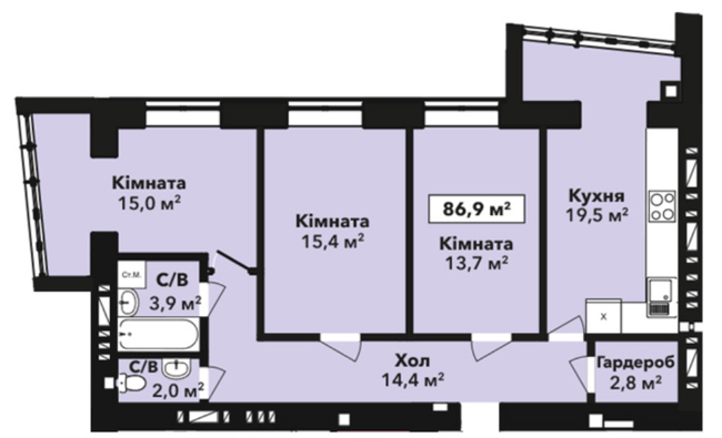 3-комнатная 86.9 м² в ЖК Перлина Проскурова-2 от 15 100 грн/м², Хмельницкий