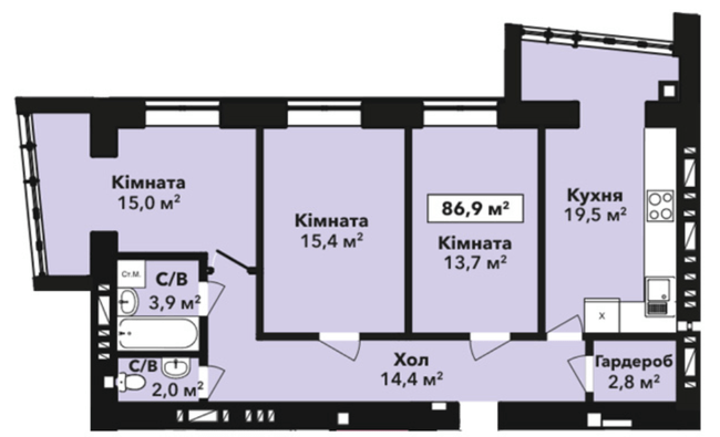 3-кімнатна 86.9 м² в ЖК Перлина Проскурова-2 від 15 100 грн/м², Хмельницький