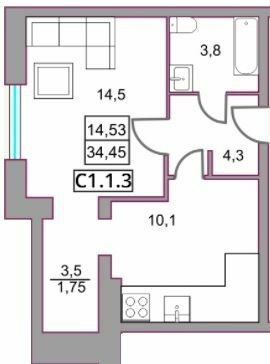 1-комнатная 34.45 м² в ЖК Левада от 28 800 грн/м², г. Борисполь